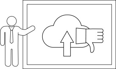 Bir sunucu, bulutu yukarı doğru ok ve başparmak indirme simgesini gösteren bir ekranın yanında duruyor
