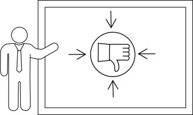 Sunucu, okları birbirine yaklaştıran başparmak simgesi olan beyaz tahtayı işaret ediyor