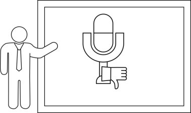 Stick figure points to a whiteboard with a microphonethumbsdown symbol