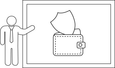 A figure presents a framed image of a wallet shielded by a protective emblem