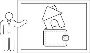 A person gesturing towards a framed picture with a house inside a wallet