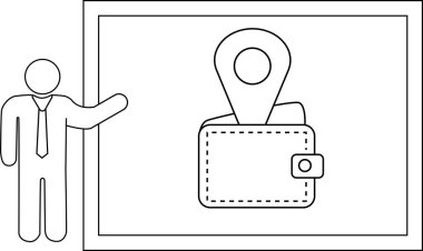 A person presents a board with a wallet and location icon