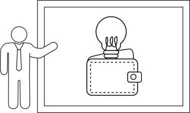 A person stands by a whiteboard displaying a wallet with a lightbulb on top