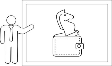 A stick figure points to a whiteboard depicting a horse head in a wallet