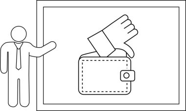 A presenter gestures towards a wallet with a thumbsdown set within a framed display