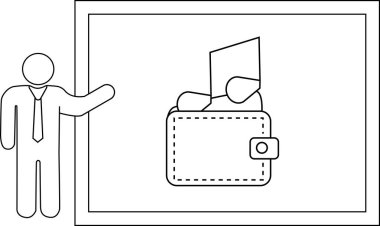 Outline depicts person presenting a wallet on a board