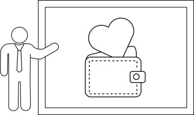 Presentation of a heart in a wallet displayed on a screen by a person in a suit