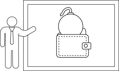 A stick figure presents a whiteboard with a wallet and a bomb on it