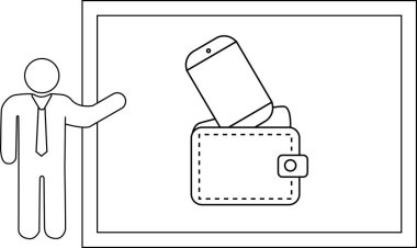 Bir sunumda, elinde akıllı telefon olan bir cüzdan sunan bir çöp adam görülüyor.