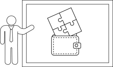 Çizim, içinden yapboz parçaları çıkan bir cüzdanı sunan kişiyi gösterir.