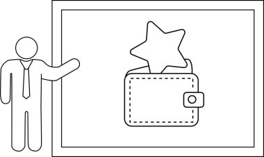 Stick figure presenting a framed diagram of a wallet with a star sticking out