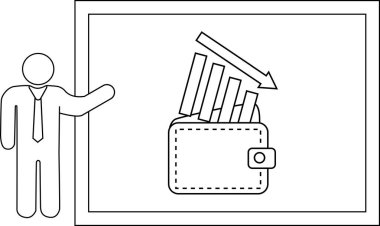 Presenter gesturing to a downwardtrending bar graph overflowing from a wallet on a screen
