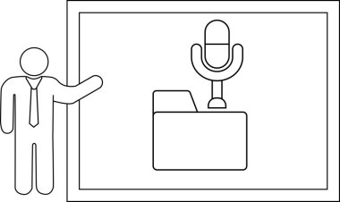 A figure points to a display of a folder with a microphone on top