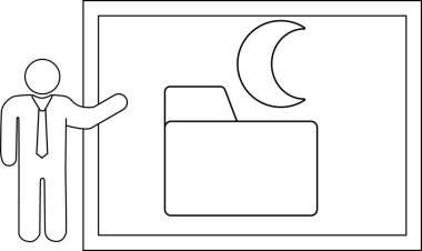 A figure presents a framed graphic of a folder under a crescent moon