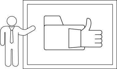 Üzerinde başparmak olan bir klasörün çerçeveli bir resmini gösteren bir kişi