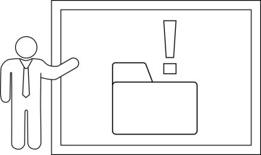 A person presents a screen with a folder icon and an exclamation mark suggesting a warning about data