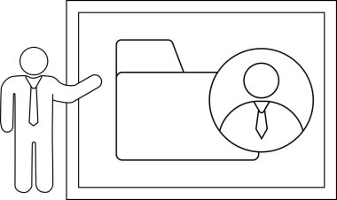 A person points towards a screen displaying a folder containing a person icon