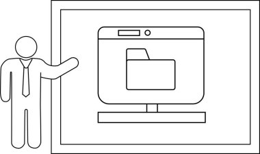 A stick figure points to a monitor displaying a folder icon within a framed area