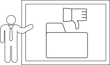 Bir çöp adam, bir çerçeve içinde açık bir klasör üzerinde onaylanmamış bir jest sunar