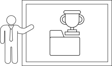 A stick figure presents a white board with a trophy on a file folder all in black and white line art