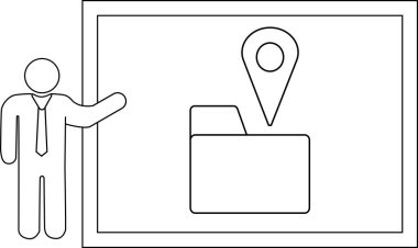 Drawing depicts person presenting a screen with folder and location pin