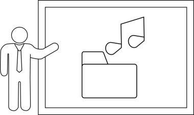 Cartoon man presents board showing folder with music notes above simple illustration