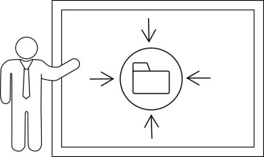 Çemberin içinde bir klasör ve dört okun bulunduğu bir çerçeveye işaret eden kişi çiziliyor