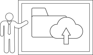 Figure next to monitor displaying foldercloud upload icon