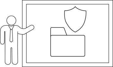 Outline shows presenter near screen displaying folder under a shield symbolizing data protection