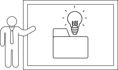 Stick figure presenting a light bulb above a folder within a framed display