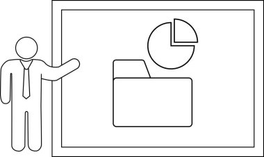 Presenter gesturing to a chart and folder icon on a whiteboard