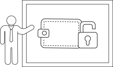 A line drawing shows a figure presenting an unlocked wallet within a framed space