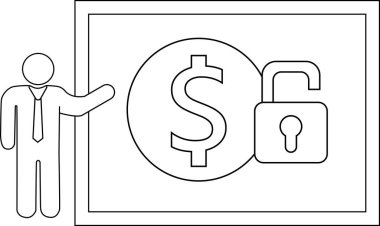 A diagram shows a person presenting an unlocked dollar sign on a screen