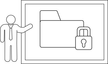 Stick figure presents a frame showing a locked folder icon data security concept