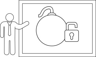 A stick figure presents a board showing a bomb with an unlocked padlock