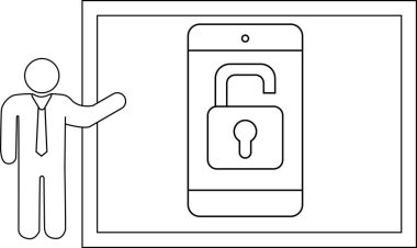 Illustration of a stick figure giving a presentation on an unlocked phone within a frame