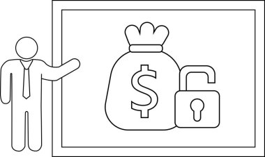 Drawing shows a person pointing to a money bag with an unlocked padlock