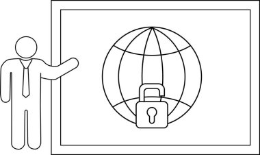Line art features a figure pointing to a board displaying a globe overlaid with a padlock