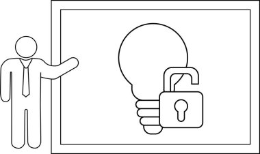 Man presenting lightbulb and padlock on whiteboard