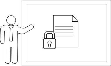A figure gestures to a protected document secured with a padlock on a screen