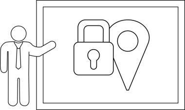 A figure points to a board with a padlock and location icon