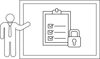 A figure presents a framed checklist secured by a padlock
