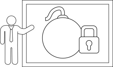 A simplified figure gestures to a framed image of a bomb with a lock on it
