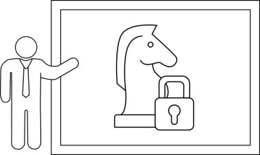 A person gestures to a framed image of a chess knight secured with a padlock