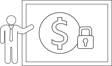 A stick figure stands beside a framed display of a dollar sign in a circle with a lock