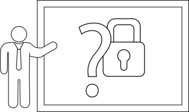 An image shows a person presenting a board with a question mark and a lock symbol