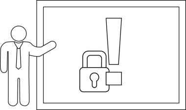 Man gestures to display with padlock and exclamation point