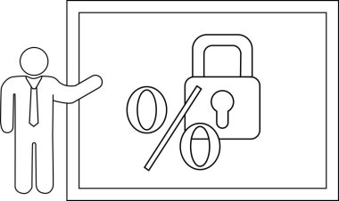 Line art drawing shows a man presenting a board with a padlock and percentage symbol
