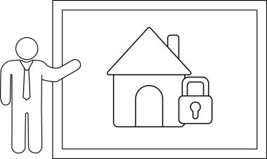 Line drawing presenter house padlock on framed poster