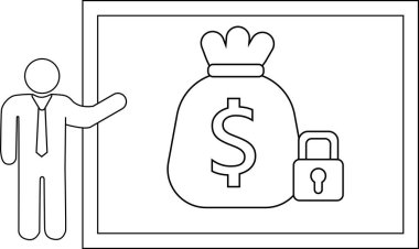 Outline of a person presenting a framed image of a money bag next to a padlock